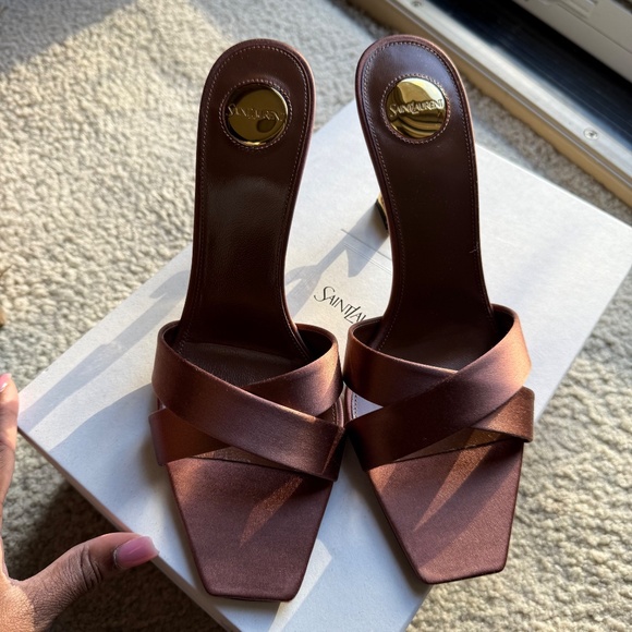 Saint Laurent Opyum YSL Logo-Heel Satin Slide Sandals - Picture 3 of 7